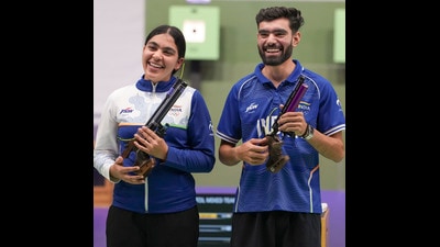Suruchi Singh (left) and Kamaljeet posing after winning gold medal in the 10m air pistol mixed team final in the ongoing Asian Games 2026, in Nagoya, Japan on Friday. (PTI) Suruchi Singh (left) and Kamaljeet posing after winning gold medal in the 10m air pistol mixed team final in the ongoing Asian Games 2026, in Nagoya, Japan on Friday. (PTI)