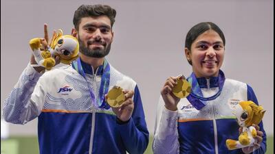 Suruchi Singh, right, and Kamaljeet celebrate after winning the gold medal in the 10mair pistol mixed team final in the ongoing Asian Games 2026, in Nagoya, Japan, on Friday. (PTI)
