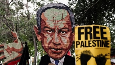 A cutout depicting Israeli Prime Minister Benjamin Netanyahu is held up as pro-Palestinian demonstrators protest against Israeli Prime Minister Benjamin Netanyahu on the sidelines of the 81st United Nations General Assembly in New York. (REUTERS)