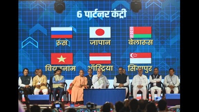 Union Home Minister Amit Shah (centre) with Uttar Pradesh Chief Minister Yogi Adityanath and others at Uttar Pradesh International Trade Show (UPITS) at the India Expo Centre in Greater Noida, on Friday.(Photo by Sunil Ghosh / Hindustan Times) (Sunil Ghosh/Hindustan Times) Union Home Minister Amit Shah (centre) with Uttar Pradesh Chief Minister Yogi Adityanath and others at Uttar Pradesh International Trade Show (UPITS) at the India Expo Centre in Greater Noida, on Friday.(Photo by Sunil Ghosh / Hindustan Times) (Sunil Ghosh/Hindustan Times)