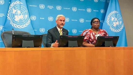 Jaishankar and Liberia’s Sara Beysolow Nyanti hold a joint briefing on sidelines of on the sidelines of the 81st United Nations General Assembly, in New York on Friday.