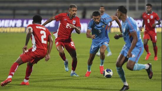 India's Manvir Singh (C) vies for the ball with Panama's Eduardo Anderson, 24, during a FIFA International Friendly 2026 football match between India and Panama, in Bengaluru, Karnataka. (PTI)