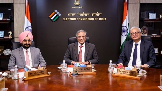 File photo of Chief Election Commissioner Gyanesh Kumar with election commissioners SS Sandhu and Vivek Joshi.