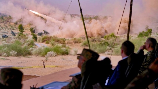 A rocket is artillery-launched during a live-firing demonstration as US Ambassador Sergio Gor and military officials observe during a joint exercise between the Indian Army and US Army at Mahajan Field Firing Range.