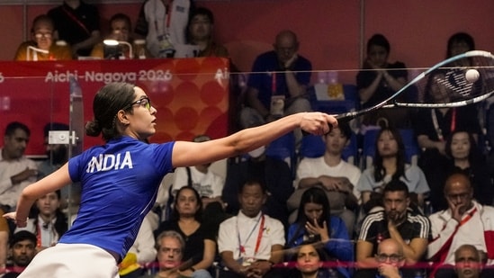 India's Anahat Singh competes in the women's singles quarter-finals Tanvi Khanna at the Asian Games, (PTI)