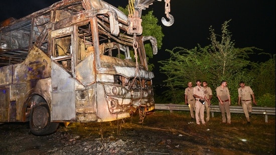 Police arrested the manager of the Raj Kalpana Travels, private travel company that was operating the bus for alleged negligence. (HT Photo)