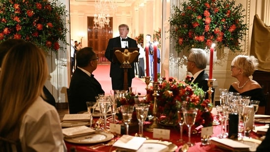 US President Donald Trump speaks during a state dinner for Chinese President Xi Jinping at the White House. (AFP)