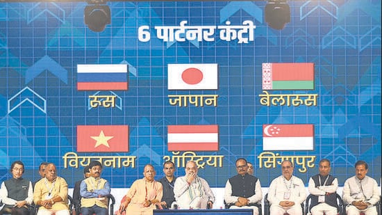 Union home minister Amit Shah (centre) with CM Yogi Adityanath (centre-left) and others at Uttar Pradesh International Trade Show at the India Expo Centre, Greater Noida, on Friday. (Sunil Ghosh/HT)