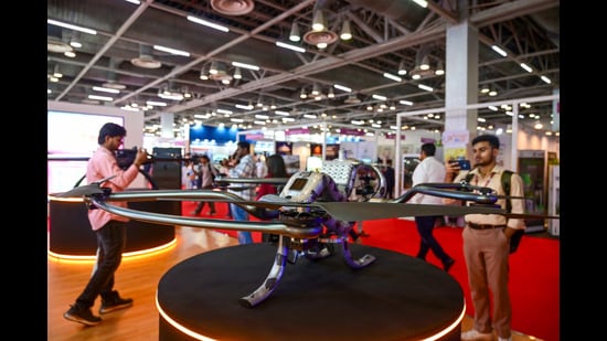 Uttar Pradesh International Trade Show showcasing a diverse range of trade and cultural exhibits in Greater Noida on Friday (Sunil Ghosh /Hindustan Times)