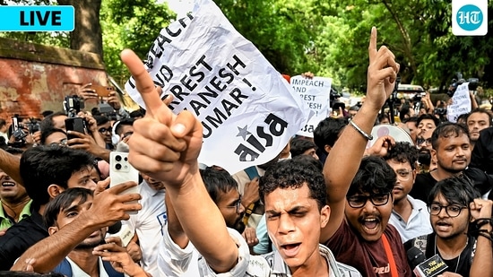 Jantar Mantar news LIVE: Members of the All India Students' Association (AISA) shout slogans and hold placards during a protest outside Jantar Mantar, demanding immediate action against Chief Election Commissioner Gyanesh Kumar, in New Delhi.
