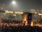 A social media video grab of protesters at the gate of Chitkara University, Rajpura, on Friday night in response to unverified claims alleging deaths of two hostellers. The demonstration escalated into vandalism. Police, health and university authorities said the online claims are false.