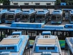 Buses parked inside the Hasanpur Bus Depot amid the strike by contractual Delhi Transport Corporation (DTC) workers.