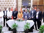 CM Yogi Adityanath with representatives of partner countries during the UPITS in Greater Noida on Friday. (Sourced)