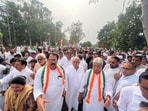 Congress workers started their protest from Sector 9 but were thwarted by water cannons and subsequently detained. (HT)