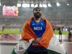 India's Tajinderpal Singh Toor celebrates after winning silver medal in the men's shot put final at the Asian Games. (PTI)