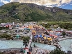 A view of the Badrinath Temple, nestled between the Nar and Narayana mountain ranges on the bank of the Alaknanda river.