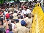 Punjab Congress president Amarinder Singh Raja Warring, along with party leaders and supporters, during the protest in Chandigarh, Sector 17, on Friday. (Ravi Kumar/HT)