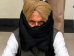 Saudagar Singh, the father of late singer Sidhu Moosewala’s former associate Shaganpreet Singh, in Barnala police custody on Saturday. (HT Photo)
