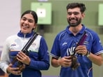 Suruchi Singh (left) and Kamaljeet posing after winning gold medal in the 10m air pistol mixed team final in the ongoing Asian Games 2026, in Nagoya, Japan on Friday. (PTI)