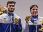 Suruchi Singh, right, and Kamaljeet celebrate after winning the gold medal in the 10mair pistol mixed team final in the ongoing Asian Games 2026, in Nagoya, Japan, on Friday. (PTI)