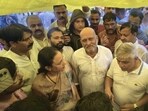 UP Congress president Ajai Rai with UP Congress incharge RP Gautam and Congress legislature party leader Aradhna Mishra and party workers during protest . (HT)