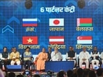 Union Home Minister Amit Shah (centre) with Uttar Pradesh Chief Minister Yogi Adityanath and others at Uttar Pradesh International Trade Show (UPITS) at the India Expo Centre in Greater Noida, on Friday.(Photo by Sunil Ghosh / Hindustan Times) (Sunil Ghosh/Hindustan Times)