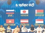 Union home minister Amit Shah (centre) with CM Yogi Adityanath (centre-left) and others at Uttar Pradesh International Trade Show at the India Expo Centre, Greater Noida, on Friday. (Sunil Ghosh/HT)