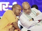 Union home minister Amit Shah and chief minister Yogi Adityanath at the UP International Trade Show in Greater Noida on Friday. (PTI PHOTO)