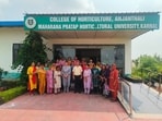 Women farmers participate in a practical session during the five-day horticulture training programme in Karnal.