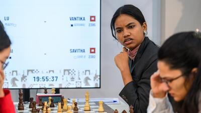 India’s Savitha Shri looks at the next board during the 10th round of the FIDE Chess Olympiad 2026 in Samarkand. (FIDE) India’s Savitha Shri looks at the next board during the 10th round of the FIDE Chess Olympiad 2026 in Samarkand. (FIDE)
