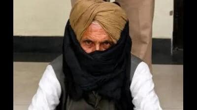 Saudagar Singh, the father of late singer Sidhu Moosewala’s former associate Shaganpreet Singh, in Barnala police custody on Saturday. (HT Photo)