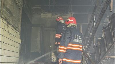 Sixteen fire tenders were deployed to douse the blaze, with firefighting and cooling operations continuing for nearly six hours Sixteen fire tenders were deployed to douse the blaze, with firefighting and cooling operations continuing for nearly six hours