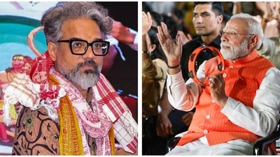 Hanuman Ansh director greeted PM Narendra Modi at the bhajan programme. Hanuman Ansh director greeted PM Narendra Modi at the bhajan programme.