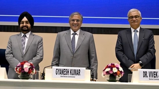 Chief Election Commissioner Gyanesh Kumar along with Election Commissioners Sukhbir Singh Sandhu and Vivek Joshi.