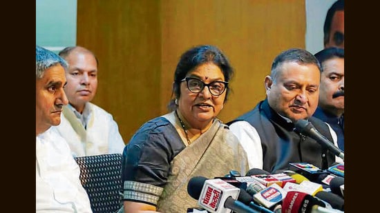 Himachal Pradesh AICC in-charge Rajani Patil addressing the media in Shimla on Saturday. (Deepak Sansta)
