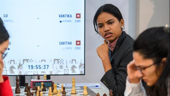India’s Savitha Shri looks at the next board during the 10th round of the FIDE Chess Olympiad 2026 in Samarkand. (FIDE)