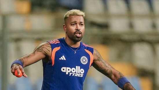 Hardik Pandya during a training session ahead of the ICC Men's T20 World Cup 2026 semi-final.