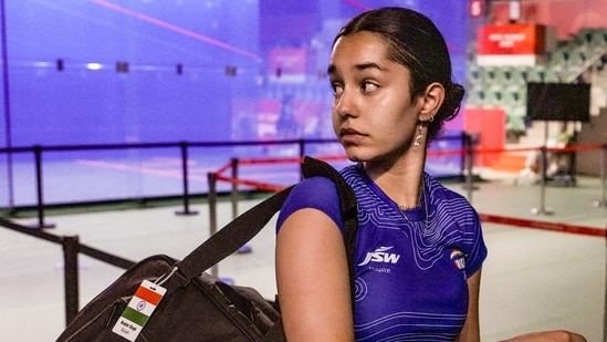 India's Anahat Singh after winning the women's singles semi-final against Japan's Satomi Watanabe at the 20th Asian Games in Nagoya on Saturday.