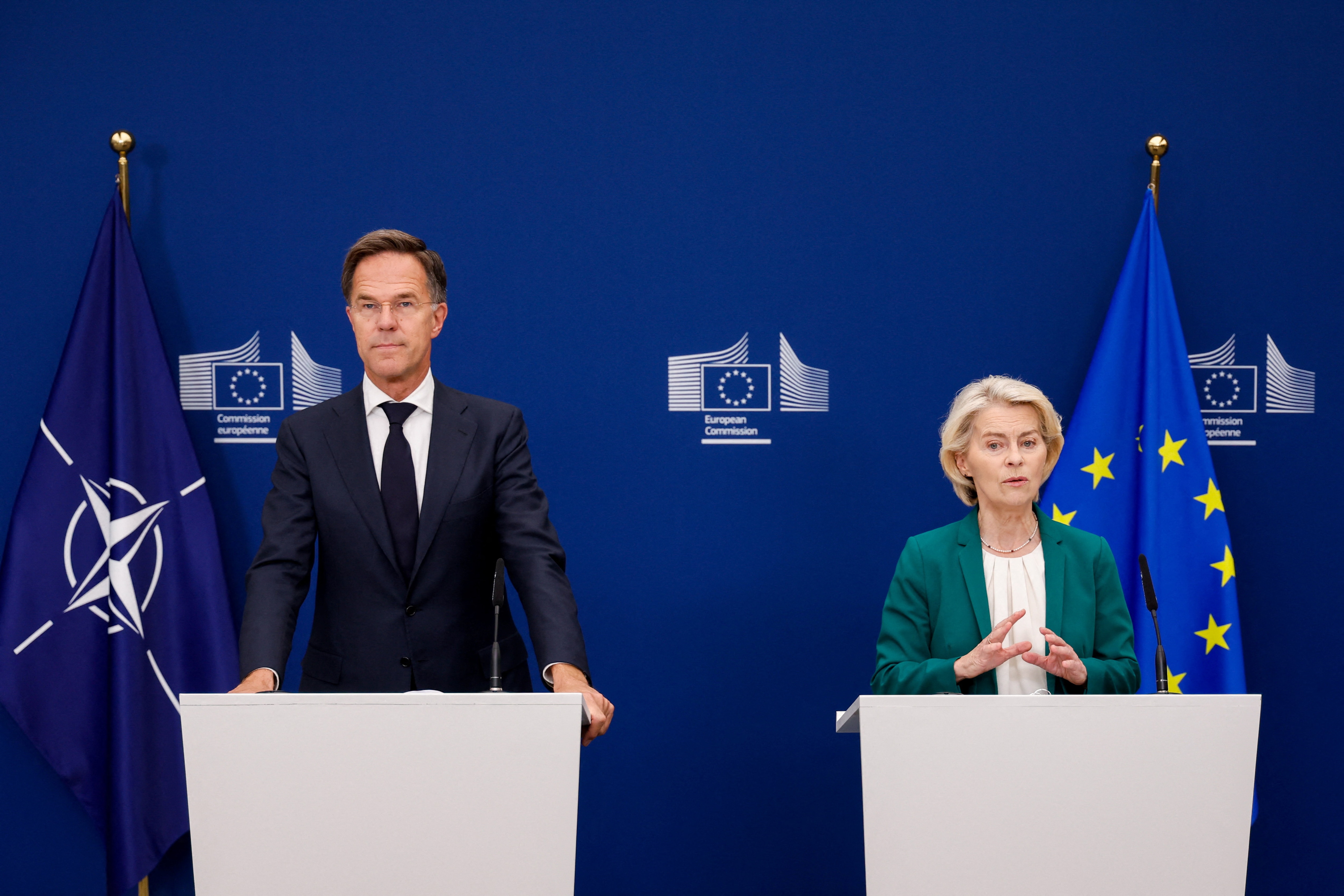 European Commission president Ursula von der Leyen and Nato secretary-general Mark Rutte hold a press conference in Brussels. (Reuters Photo)