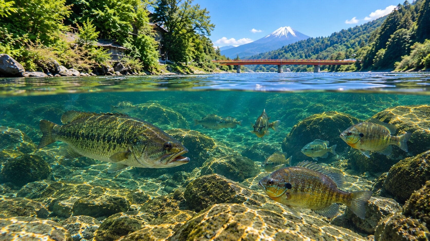 Two US natives, largemouth bass and bluegill, whose introduction to Japan changed its waterways. (AI-generated/ChatGPT) Two US natives, largemouth bass and bluegill, whose introduction to Japan changed its waterways. (AI-generated/ChatGPT)