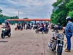 Bikers gathering near the Chandigarh toll plaza on Sunday morning. (HT Photo)