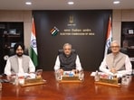 CEC Gyanesh Kumar, along with ECs Vivek Joshi and Sukhbir Singh Sandhu during a meeting at Nirvachan Sadan in New Delhi on Saturday.