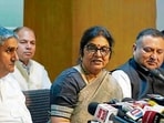 Himachal Pradesh AICC in-charge Rajani Patil addressing the media in Shimla on Saturday. (Deepak Sansta)