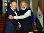 Prime Minister Narendra Modi receives Russian President Vladimir Putin for a meeting at Hyderabad House in New Delhi.