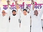 Rohtak MP Deepender Singh Hooda and other party leaders during a block workers’ conference in Hansi on Saturday. (HT File)
