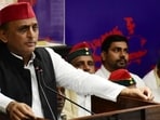 SP chief Akhilesh Yadav addresses media persons at the party headquarters in Lucknow on Sunday. (HT)