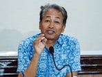 Climate activist Sonam Wangchuk addresses a press conference regarding Ladakh-related issues one year after the Leh violence at the Press Club of India, in New Delhi on Sunday.