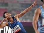 Thailand's Puripol Boonson celebrates after wining the men's 200m final at the Asian Games in Nagoya, Japan. (AP Photo/Mark Baker)
