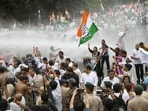 Police use water cannons to stop the Bihar Pradesh Congress Committee members and supporters during a protest march in Patna.
