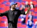 Josh Allen of the Buffalo Bills throws a pass during warm-ups prior to a game against the Los Angeles Chargers at Highmark Stadium on September 27.